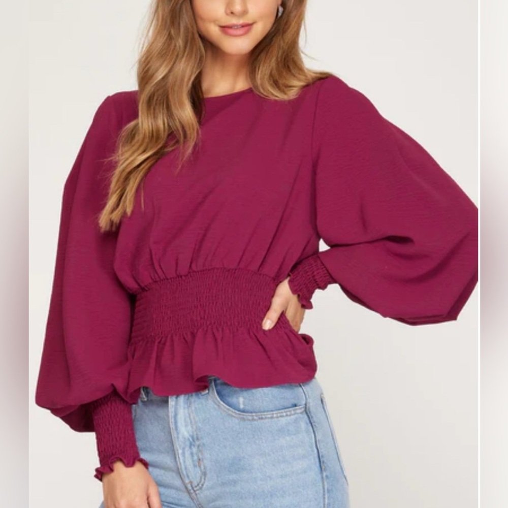 🐣She + Sky Burgundy Balloon Sleeve Blouse